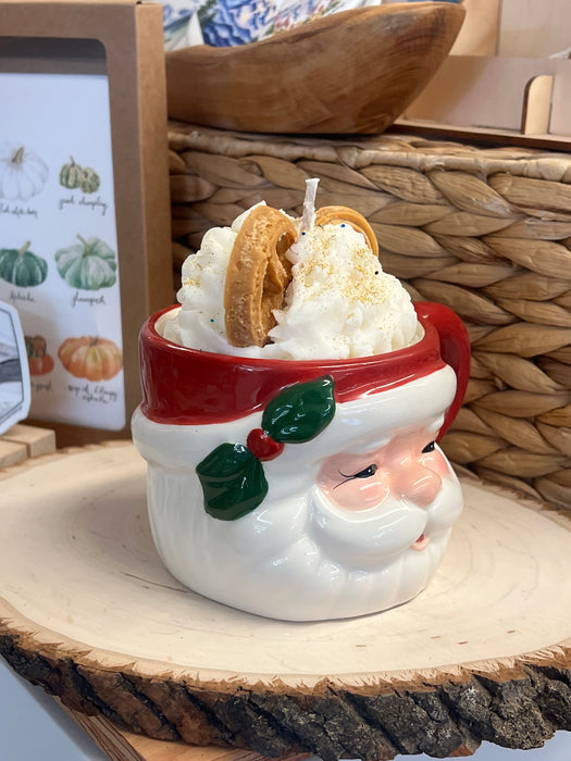 Jolly Ol' Handpainted Ceramic Santa Mug with  Festive Hand Crafted Vanilla Scented Soy Candle Representing Whipped Cream and Pretzels