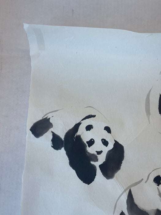 Vintage Chinese-Style ink Painting of Pandas on Rice Paper, Signed J.R Gaston