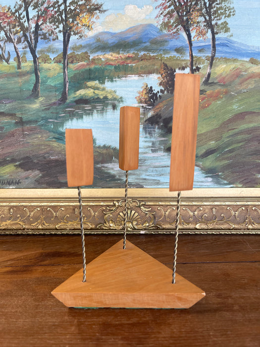 Mid-Century Modern Possibly Teak and Twisted Metal Triple Candle Holder with Geometric Base
