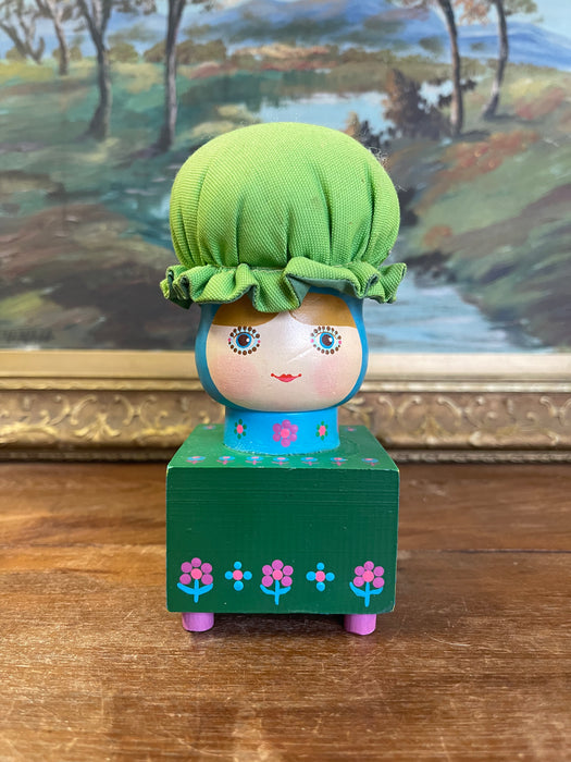 Vintage Hand-Painted Folk Art Doll Figurine on Wooden Block Base with Fabric Bonnet, Signed Mary Maki Rae