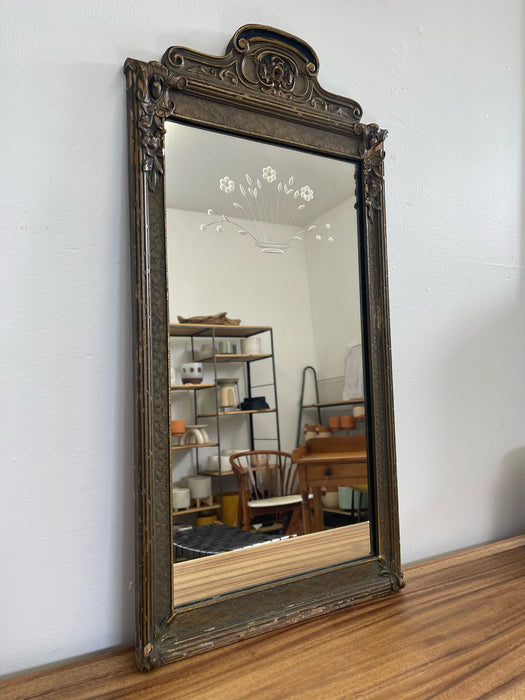 Antique Sculpted Wood Frame Mirror With Floral Etching.