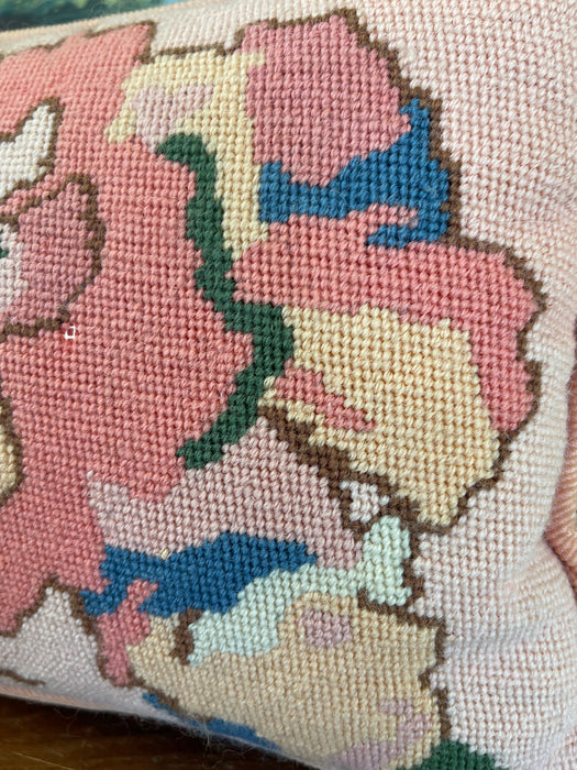 Handmade Needlepoint Floral Pillow with Pink Corduroy Backing - Accent Cushion, Made in Seattle