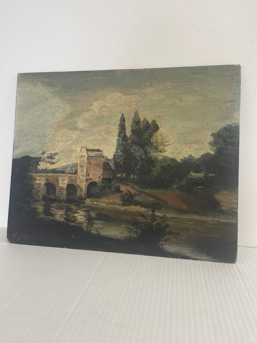 Vintage Oil on Canvas signed painting of a Moody Bridge and Landscape Scene.