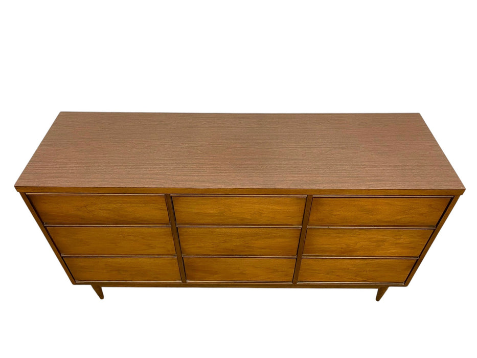 Mid Century Modern 9 Drawer Lowboy Dresser with Dovetail Drawers and Tapered Legs