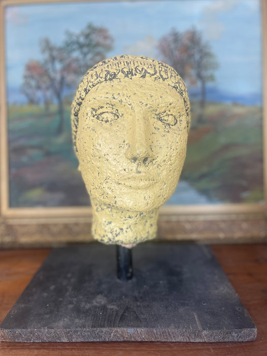 Textured Vintage Papier-Mâché Head Sculpture with hand-painted detailing on Custom stand.