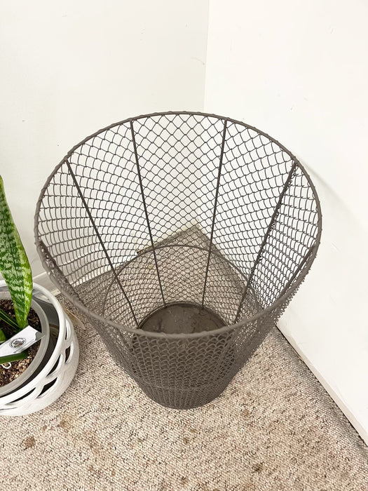 Vintage Industrial Wire Mesh Metal Trash Can / Waste Basket - Tapered Cylindrical Open-Top Bin