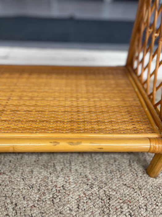 1970s Vintage Likely Rattan and Wicker Shelf with Diamond Lattice Sides and Circle Motif