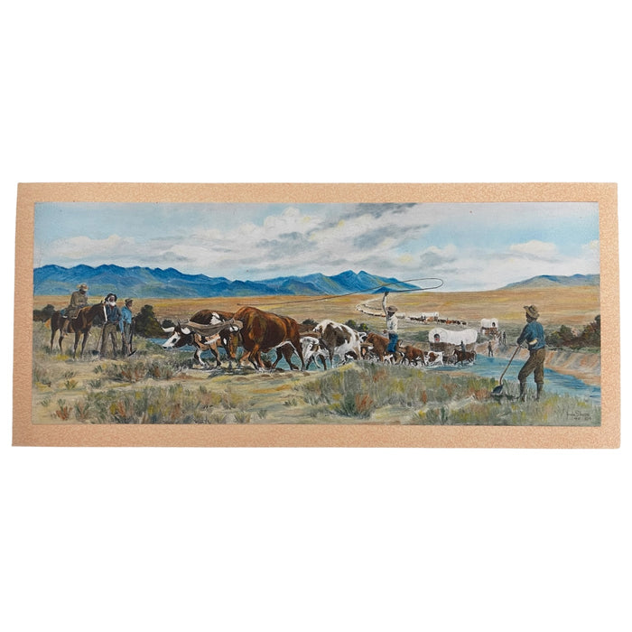 Vintage Western Pioneer Wagon Train Landscape Painting, Signed, Oregon Trail
Americana
