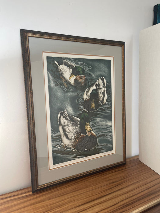Vintage Framed Art Print Titled “ Drakes Approaching “ by Suellen Ross- Artist Proof Edition.
