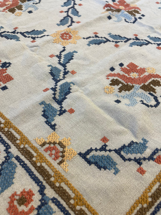 Vintage Hand-Embroidered Possibly Wool and Linen Floral Folk Art Rug with Geometric Border