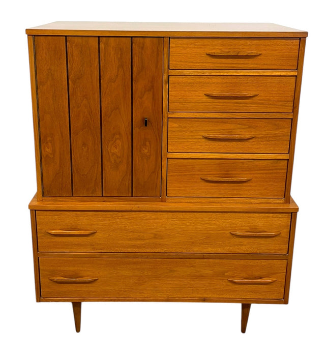 Vintage Mid Century Modern Gentleman's Chest Highboy Dresser with Cabinet and Sculpted Pulls