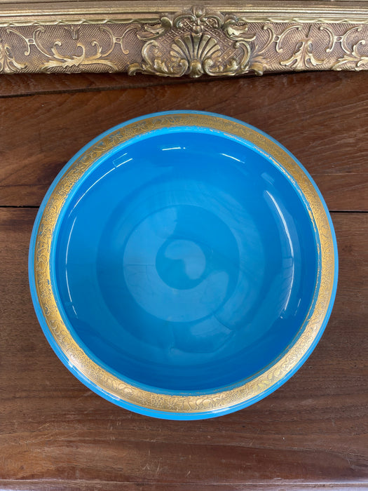 Likely Antique 19th Century French Blue Opaline Glass Bowl with Intricate Gilded Fruit and Vine Border
