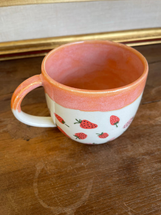 Handmade Wheel-Thrown Ceramic Strawberry Mug with Peach Glaze Interior