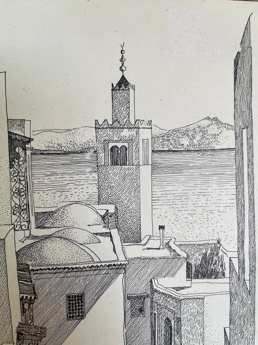 Vintage 1971 Tunis Tunisia Architectural Ink Drawing by K. Winnenberg, Street Scene Artwork