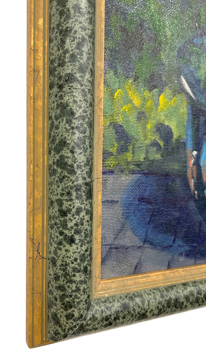 Still Life Oil Painting of Blue Planter with Flowers by R. Glidden, Framed