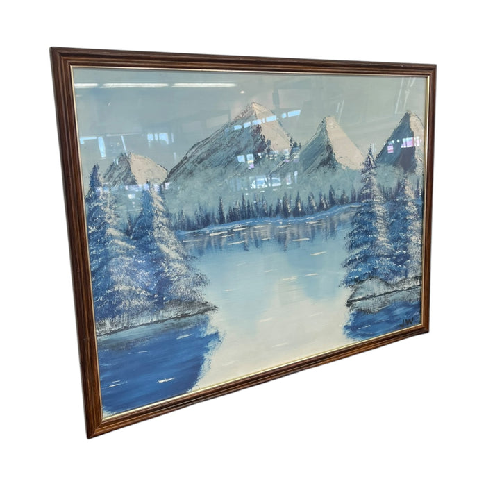 Vintage Framed Snow-Capped Mountain Lake Landscape Painting, Signed, Blue Tonal Scenic Wall Art.