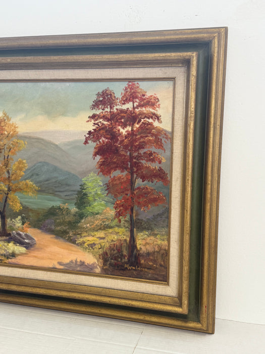 Signed Vintage Framed Scenic Landscape Oil Painting featuring Trees, Mountain Path, Rustic Wall Art, Mid Century Modern Style Original Nature Artwork