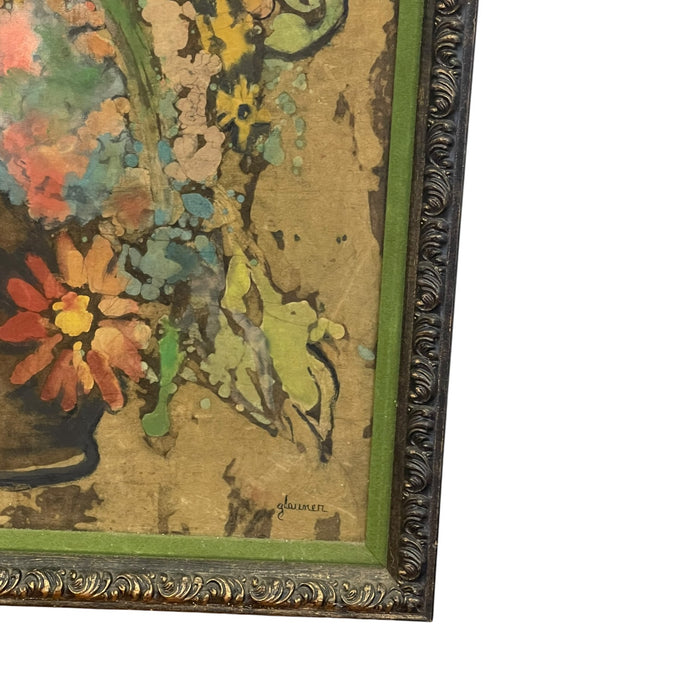Vintage Signed Floral Still Life Mixed Media Painting on Textured Board in Ornate Frame Possible Batik Print.