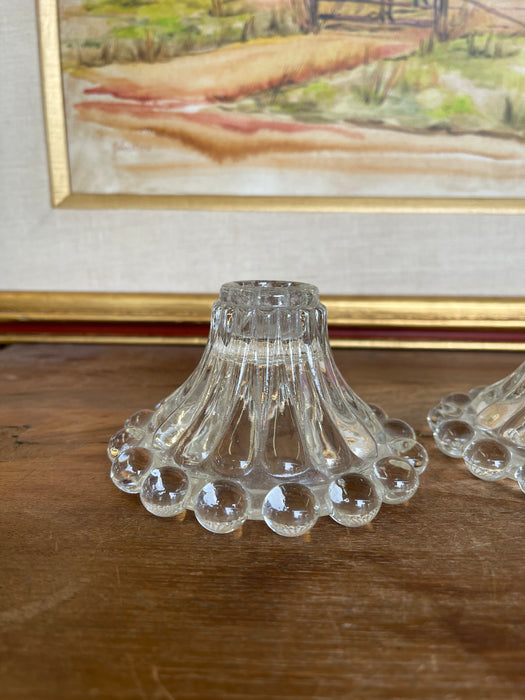 Vintage Pressed Glass Candle Holders with Hobnail Edge, Set of Two