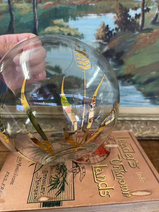 Vintage Spherical Glass Vase with Gilded Botanical Motif