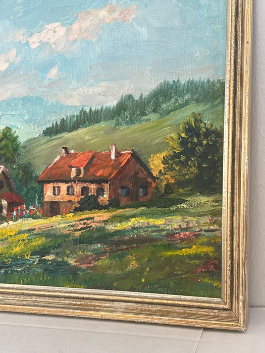 Vintage Mid Century Modern Original painting Valley Houses.