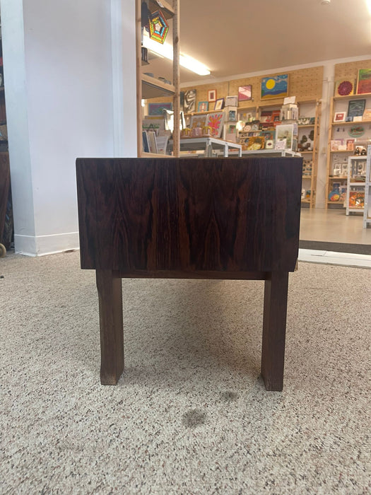 Imported Vintage Danish Modern Walnut Toned Low Console Coffee Table With Wood Inlay.
