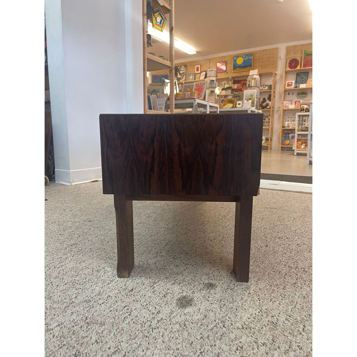 Imported Vintage Danish Modern Walnut Toned Low Console Coffee Table With Wood Inlay.