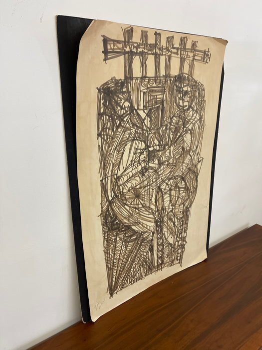 Vintage Abstract Figurative Ink Drawing on Paper, Signed Modernist Expressionist Artwork