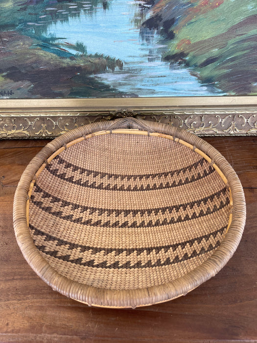 Vintage Likely Early 20th Century Native American Mission Basketry Bowl with Stepped Geometric Pattern.