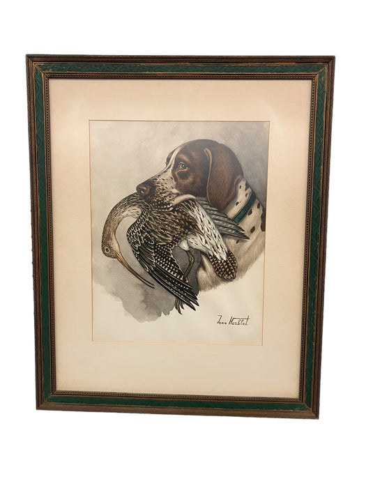 Original Hunting Dog with Foul Watercolor Painting by French Artist and Cartoonist Jean Herblet Signed