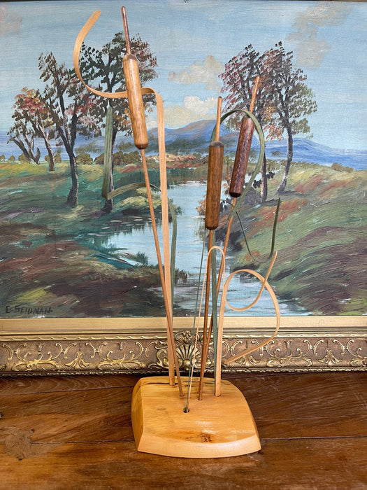 Handcrafted Wooden Cattail a Sculpture by Wood N' Things, Minnesota Studio Craft Botanical Art