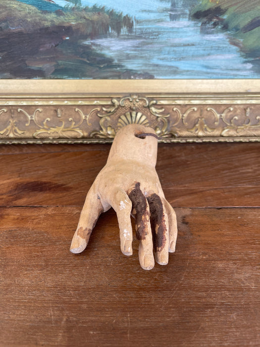 Antique Carved Wooden Articulated Hand Fragment with Original Hook, Likely Religious or Folk Art, 19th Century