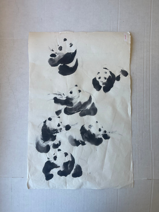 Vintage Chinese-Style ink Painting of Pandas on Rice Paper, Signed J.R Gaston