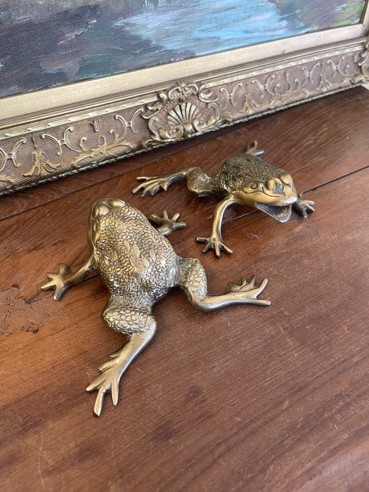 Pair of Vintage Brass Toned Crouching Frog Sculptures with Open Mouth and Textured Detailing.