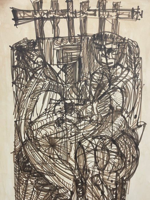 Vintage Abstract Figurative Ink Drawing on Paper, Signed Modernist Expressionist Artwork