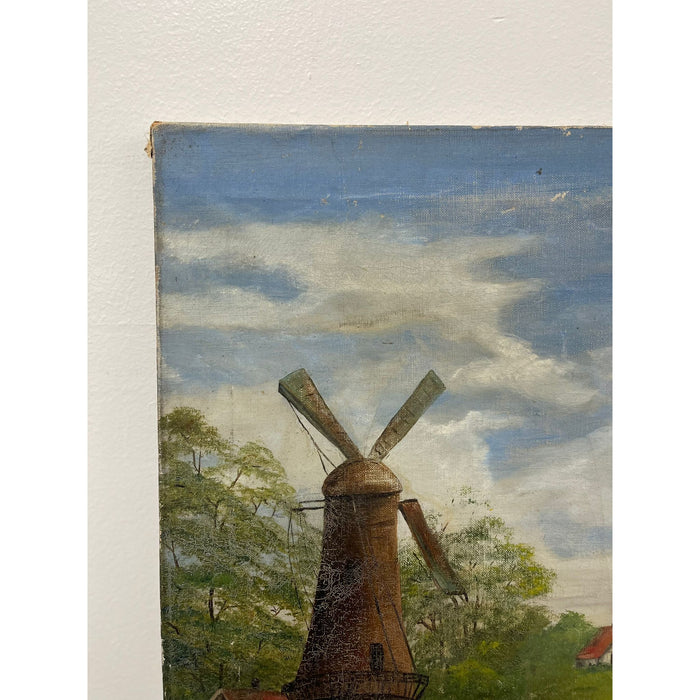 Vintage Signed Original Painting on Canvas of Windmill Landscape.