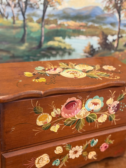 Vintage Hand-Painted Wooden Jewelry Trinket Box - Folk Art Style Floral Organizer Primitive Storage Chest