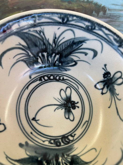 Vintage Bat Trang Vietnamese Ceramic Bowl with Hand-Painted Dragonfly Motif