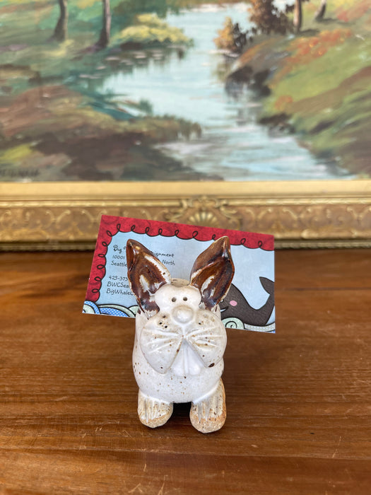 Handmade Studio Pottery Bunny Card Holder with Brown Glaze Accents.