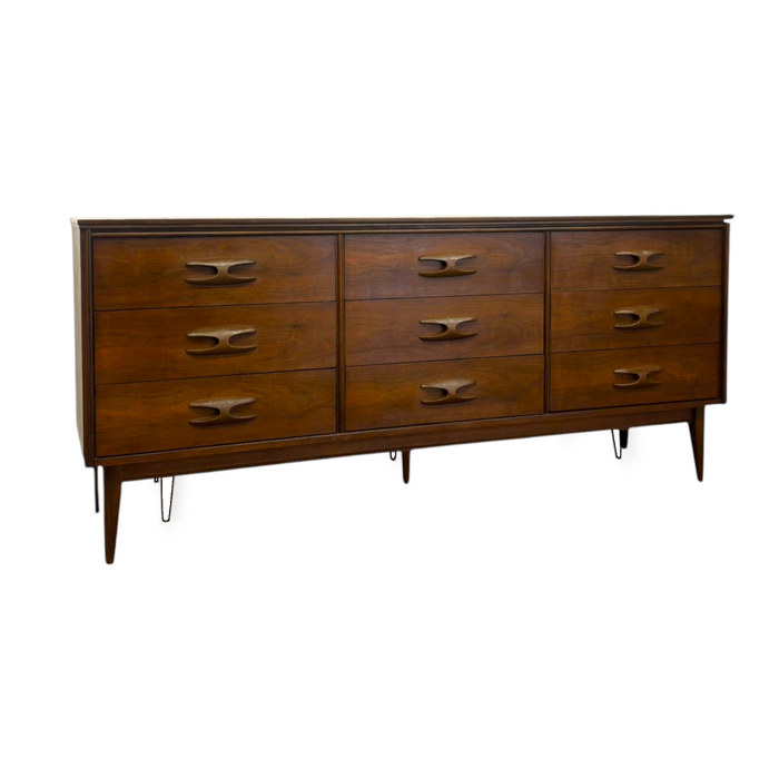 Vintage Mid Century Modern Bassett Walnut 3-Piece Bedroom Set – 9-Drawer Dresser, Highboy Chest & Nightstand
