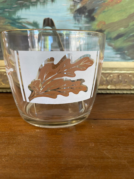 Mid-Century Ice Bucket with Ducks in Flight and Oak Leaf Motif, Gold Rim, and Stainless Steel Tongs - 1960s Sporting Barware.