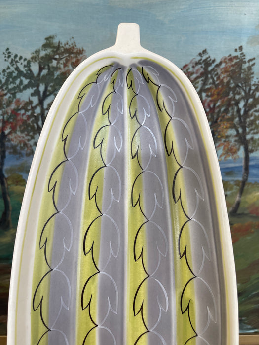 Vintage Mid-Century Modern Poole Pottery England Oval Serving Dish - Abstract Leaf Pattern, Yellow and Gray