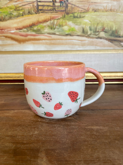 Handmade Wheel-Thrown Ceramic Strawberry Mug with Peach Glaze Interior