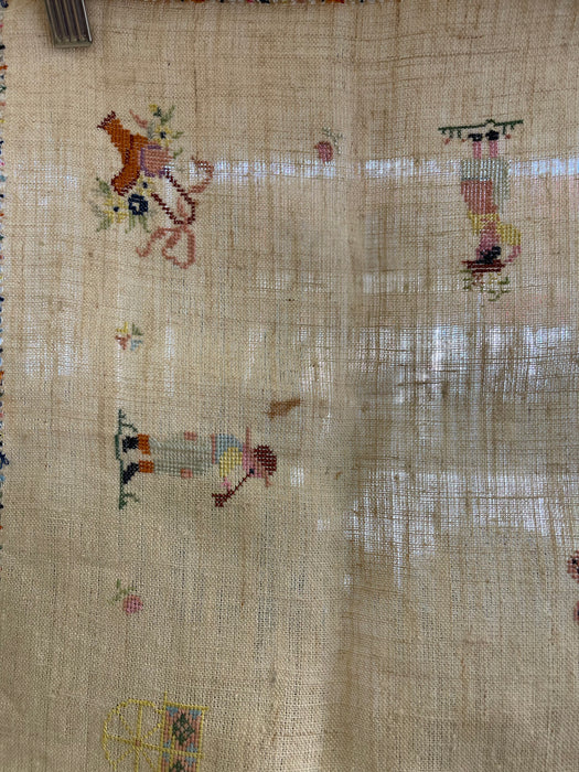 Vintage Hand-Embroidered Linen Tablecloth with Figural Motif and Fringe Border