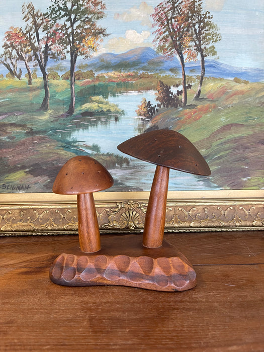 Vintage Mid-Century Hand-Carved Monkey Pod Wood Mushroom Sculpture by Leilani, Made in Philippines.