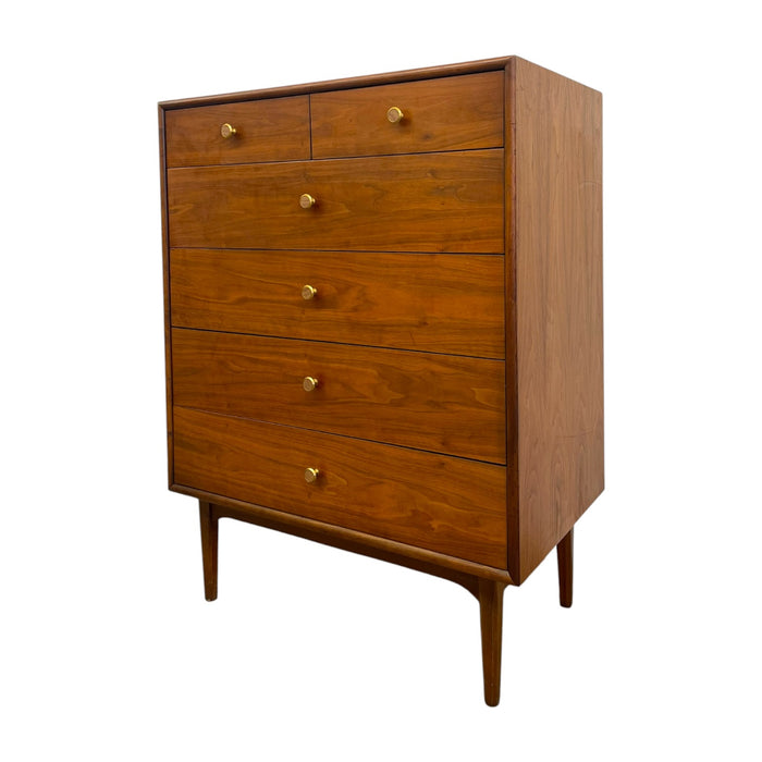Mid-Century Modern Drexel Declaration Walnut Tallboy Dresser by Kipp Stewart – 6-Drawer MCM Chest