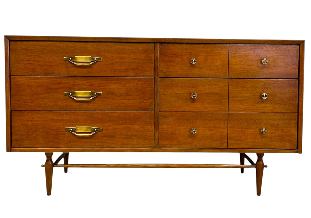 Vintage Mid-Century Modern 6-Drawer Walnut Dresser with Brass Toned Hardware