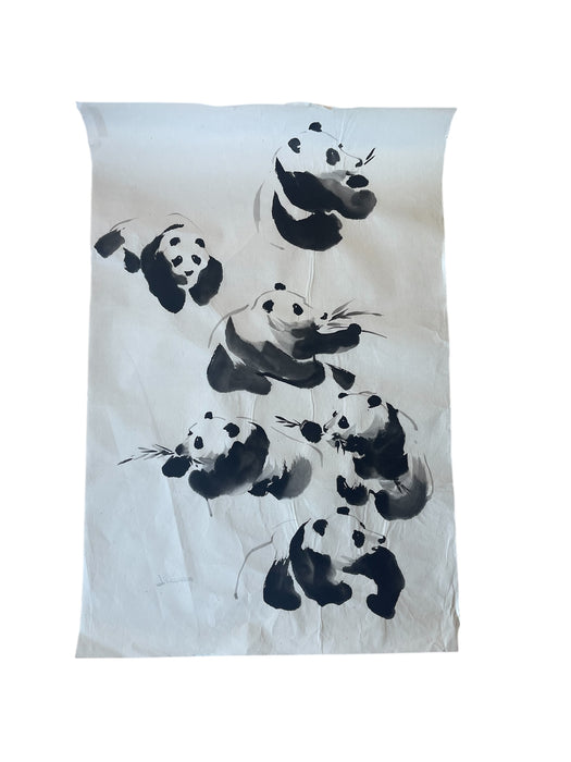 Vintage Chinese-Style ink Painting of Pandas on Rice Paper, Signed J.R Gaston