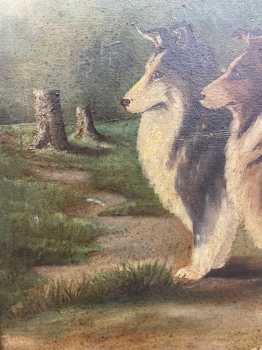 Antique Framed Oil Painting of Two Collie Dogs in Woodland Landscape, Traditional Canine Portrait Possibly 1890s
