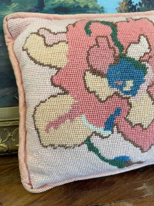 Handmade Needlepoint Floral Pillow with Pink Corduroy Backing - Accent Cushion, Made in Seattle